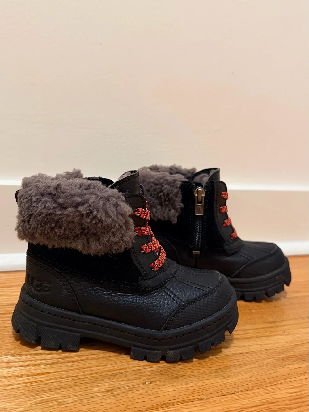 UGG Black Boots with Gray Shearling and Red Laces